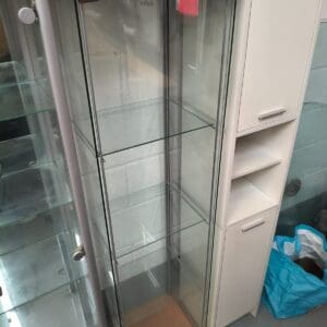 Full glass tall display cabinet with wood top and bottom