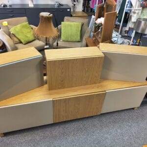 Long TV stand with 3x wall mounted matching cupboards