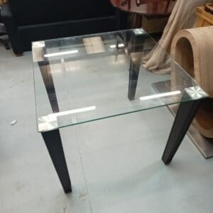 Square Glass Dining Table with Leather Pad Legs