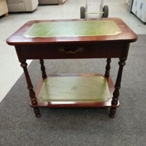 Mahogany effect side table with drawer and green inset