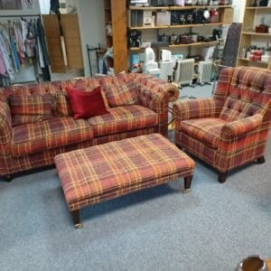 Tartan Sofa Set with Armchair and Footstool