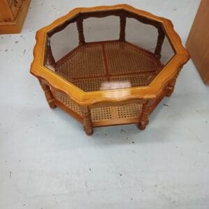 Octagonal Glass Top Coffee Table with Cane Inlay